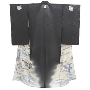 Tomesode Vintage(1920-1950) Black Wave Bellflower See-Through Silk #10501B1