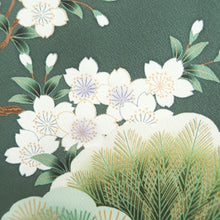 Load image into Gallery viewer, Furisode Green Cherry Blossom Pine Tree Tall Silk #11090B1
