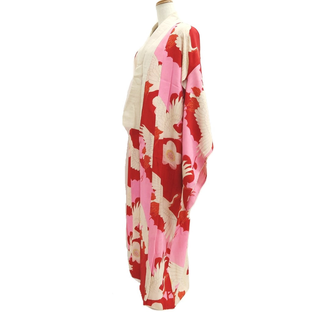 Juban Vintage(1920-1950) Red Pink Crane Birds Silk #10389F5
