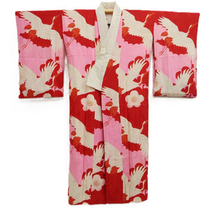Juban Vintage(1920-1950) Red Pink Crane Birds Silk #10389F5