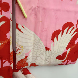 Juban Vintage(1920-1950) Red Pink Crane Birds Silk #10389F5