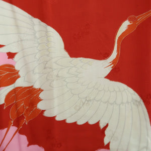 Juban Vintage(1920-1950) Red Pink Crane Birds Silk #10389F5