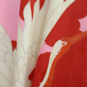 Juban Vintage(1920-1950) Red Pink Crane Birds Silk #10389F5