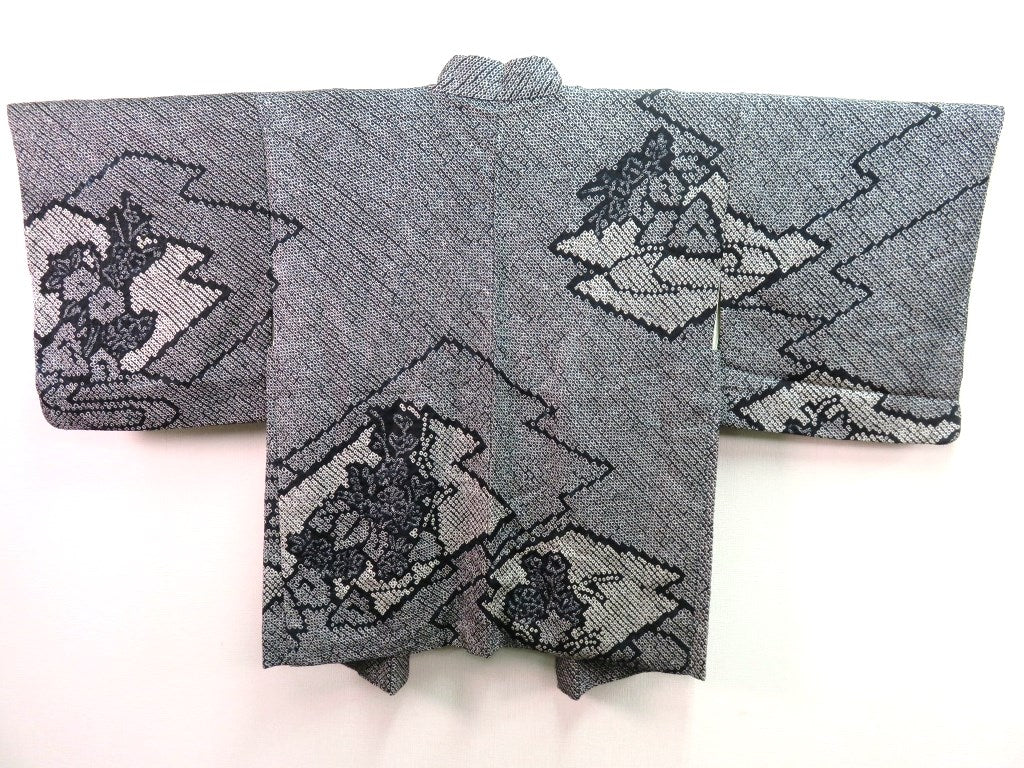Haori Jacket Vintage 1960's Black Shibori Wild Flowers #0009
