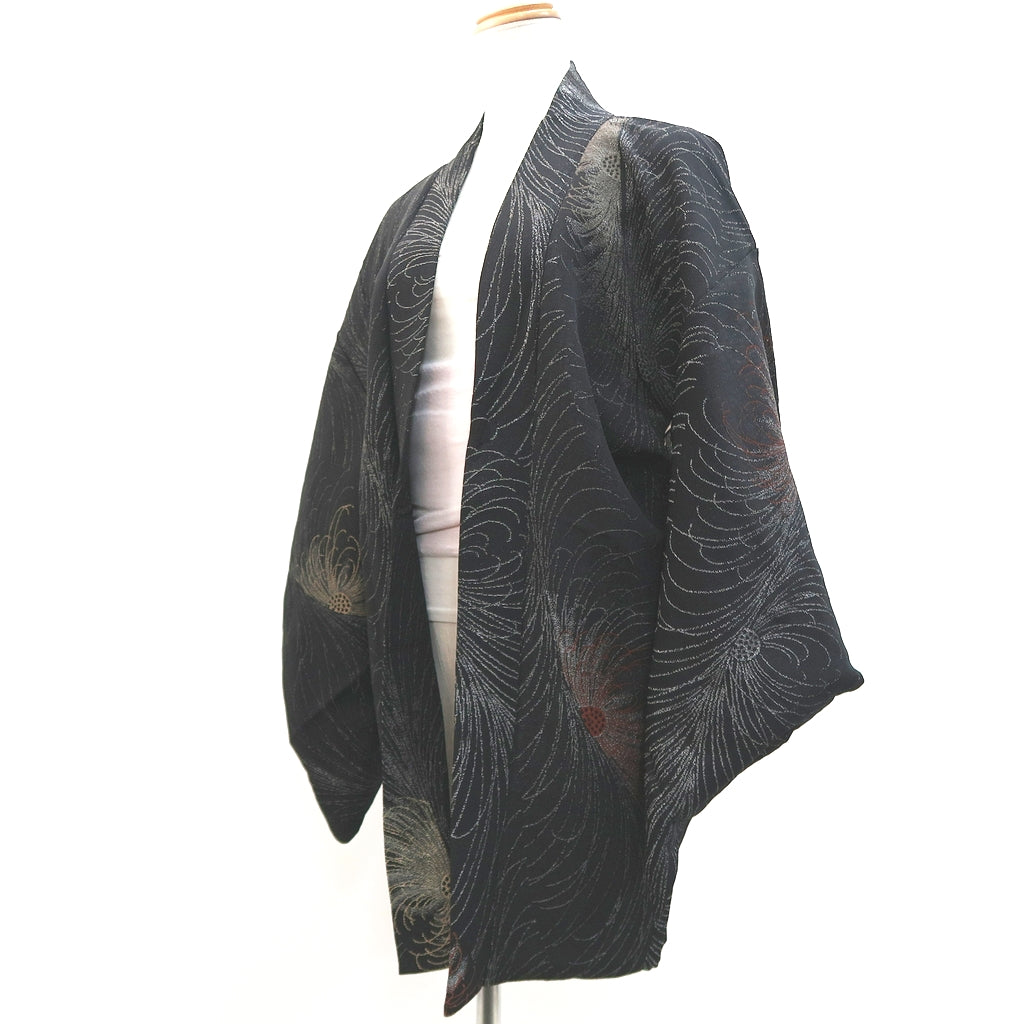Haori Jacket Vintage(1950-1980) Black Gold Silver Chrysanthemum Silk #9529H2
