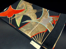 Load image into Gallery viewer, Fukuro Obi Vintage(1950-1980) Black Gold Crane Birds Silk BB127W8
