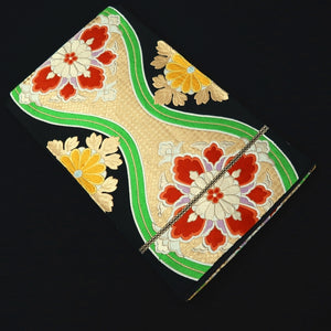 Fukuro Obi Vintage(1950-1980) Black Gold Yellow Flower Tatewaku Silk BB248V4