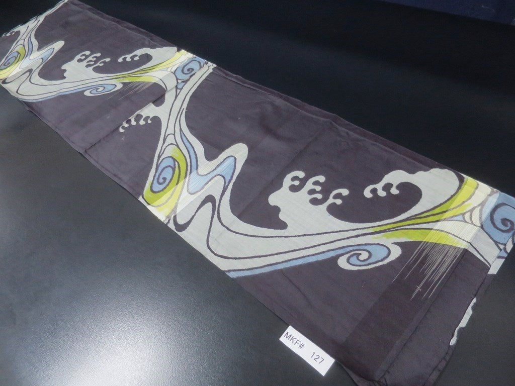 MKF#127 Silk Kimono Fabric Vintage(1920-1950) Meisen Wave Black 49.2x12.6in(125x32cm)