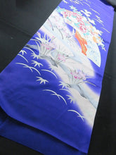 Load image into Gallery viewer, BCF#2835 Silk Kimono Fabric Vintage(1950-1980) Hand Painted Flower Bluish Purple 90cm (35.4in)
