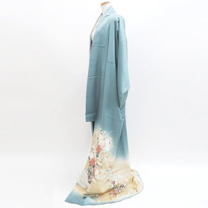 Kimono Blueish Gray Chrysanthemum Bellflower Silk #9325F3