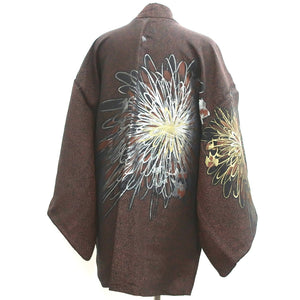 Haori Jacket Vintage(1950-1980) Black Gold Silver Chrysanthemum Silk #8943C1