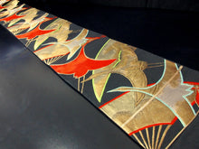 Load image into Gallery viewer, Fukuro Obi Vintage(1950-1980) Black Gold Crane Birds Silk BB127W8
