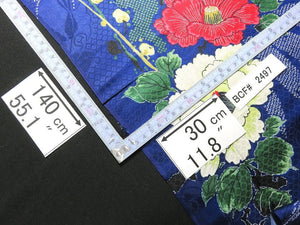 BCF#2497 Silk Kimono Fabric Vintage(1920-1950) Hand Painted  Flower     Blue    140cm (55.1in)