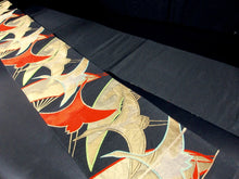 Load image into Gallery viewer, Fukuro Obi Vintage(1950-1980) Black Gold Crane Birds Silk BB127W8
