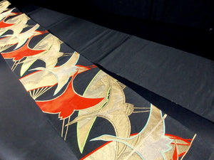Fukuro Obi Vintage(1950-1980) Black Gold Crane Birds Silk BB127W8