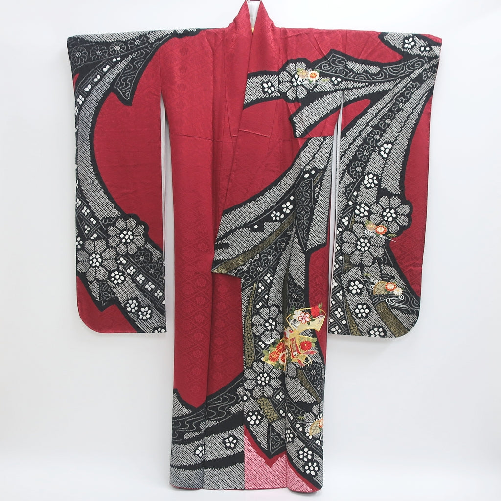 Furisode Red Black Sakura Shibori Tall Silk #9157D5 – Mikula Kimono