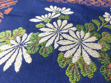 Load image into Gallery viewer, MOF#1a Silk Obi Fabric Vintage(1950-1980) Flower Navy 24.8x12.2in(63x31cm)
