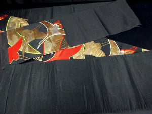 Fukuro Obi Vintage(1950-1980) Black Gold Crane Birds Silk BB127W8