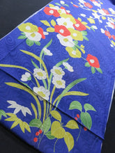 Load image into Gallery viewer, BCF#2855 Silk Kimono Fabric Vintage(1920-1950) Camellia Flower Blue 160cm (63.0in)
