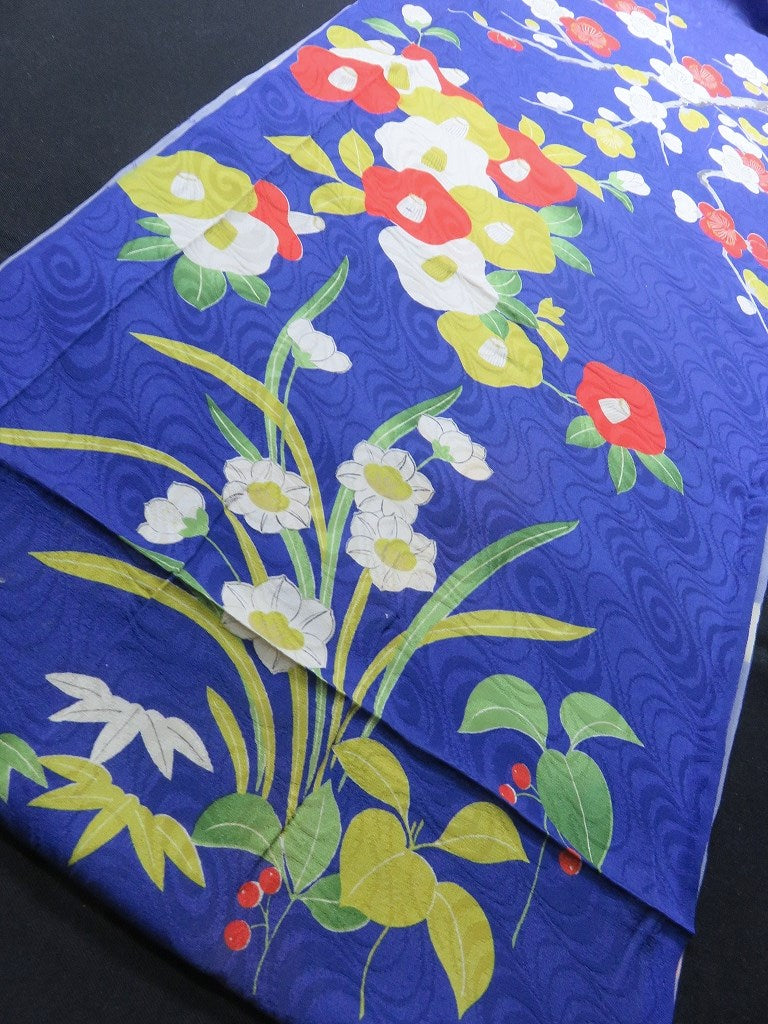 BCF#2855 Silk Kimono Fabric Vintage(1920-1950) Camellia Flower Blue 160cm (63.0in)
