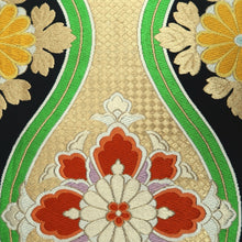 Load image into Gallery viewer, Fukuro Obi Vintage(1950-1980) Black Gold Yellow Flower Tatewaku Silk BB248V4
