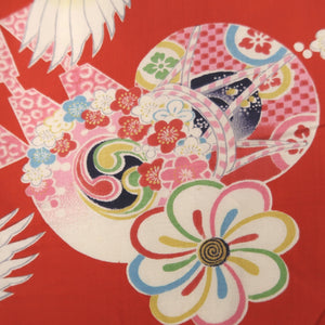 KK1346B7 Cotton Kimono Fabric Vintage(1920-1950) Crane Birds Red 69.3x26.4in(176x67cm)