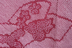 Haori Jacket Vintage(1950-1980) Wine red Full Shibori Folding Fan Kiku Silk #8401D3