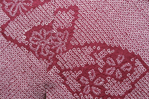 Haori Jacket Vintage(1950-1980) Wine red Full Shibori Folding Fan Kiku Silk #8401D3