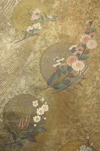 Fukuro Obi Gold Yellow brown Bellflower Chrysanthemum Silk BB142W9
