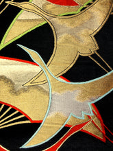 Load image into Gallery viewer, Fukuro Obi Vintage(1950-1980) Black Gold Crane Birds Silk BB127W8
