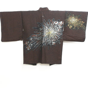 Haori Jacket Vintage(1950-1980) Black Gold Silver Chrysanthemum Silk #8943C1
