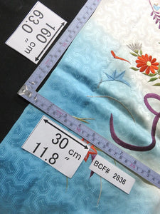 BCF#2836 Silk Kimono Fabric Vintage(1950-1980) Embroidery Flower Light Blue 160cm (63.0in)