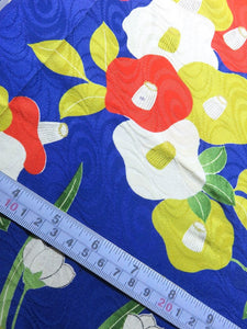 BCF#2855 Silk Kimono Fabric Vintage(1920-1950) Camellia Flower Blue 160cm (63.0in)