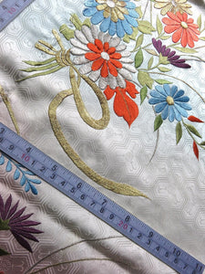 BCF#2836 Silk Kimono Fabric Vintage(1950-1980) Embroidery Flower Light Blue 160cm (63.0in)