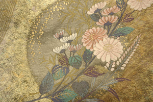 Fukuro Obi Gold Yellow brown Bellflower Chrysanthemum Silk BB142W9