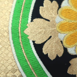 Fukuro Obi Vintage(1950-1980) Black Gold Yellow Flower Tatewaku Silk BB248V4