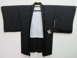 Haori Jacket Vintage(1950-1980) Black Fully Embroidered Flower Silk #7949M3