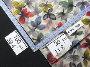 BCF#2499 Silk Kimono Fabric Vintage(1920-1950)  Meisen  Leaf   White  Black   100cm (39.4in)