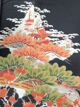 Load image into Gallery viewer, BCF#2898 Silk Tomesode Fabric Vintage(1920-1950) Chrysanthemum Plum Blossom Temple Black 43.3x14.2in(110x36cm)
