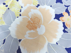 KK768A6 Silk Kimono Fabric Vintage(1950-1980) Flower Navy 47.2x11.8in(120x30cm)