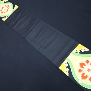 Fukuro Obi Vintage(1950-1980) Black Gold Yellow Flower Tatewaku Silk BB248V4