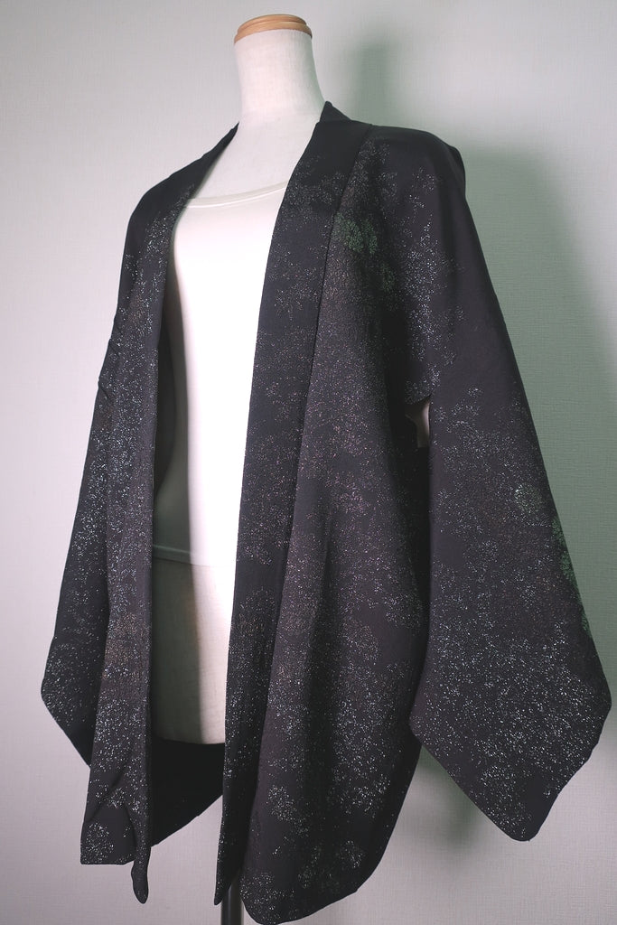 Haori Jacket Vintage(1950-1980) Black Silver Flower Silk #8590G3