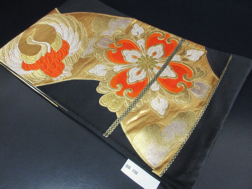 Fukuro Obi Vintage(1950-1980) Black Gold Crane Birds Silk BB108W7