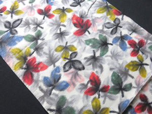 BCF#2499 Silk Kimono Fabric Vintage(1920-1950)  Meisen  Leaf   White  Black   100cm (39.4in)