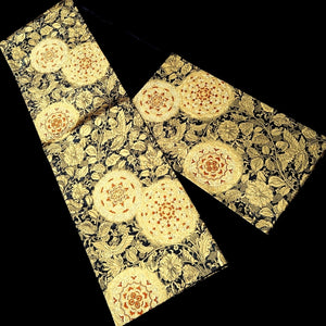 Fukuro Obi Black Gold Birds Flower Silk BB236V4