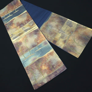 Fukuro Obi Vintage(1950-1980) Gold Brown Kareki Withered tree Landscape Silk BB249V4