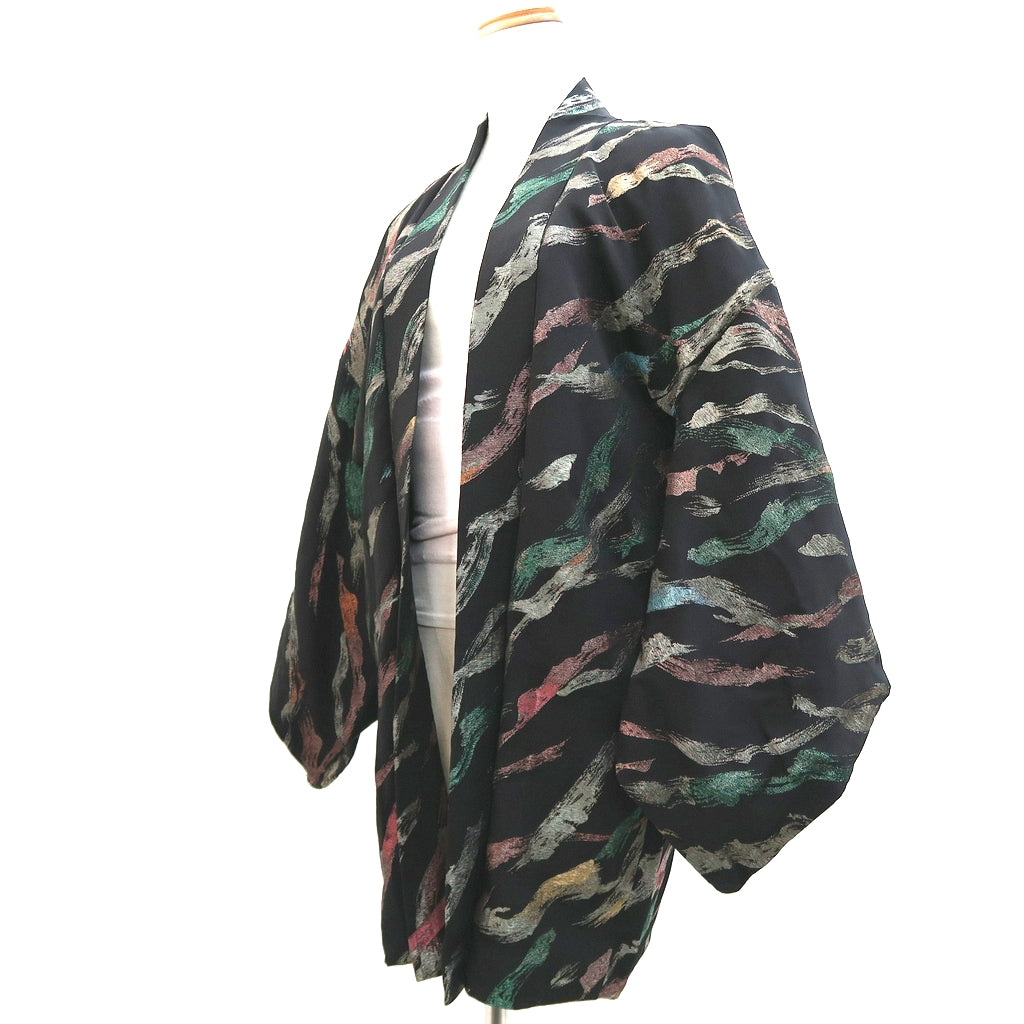 Haori Jacket Vintage(1950-1980) Black Gold Green Abstract art Silk #9530H2