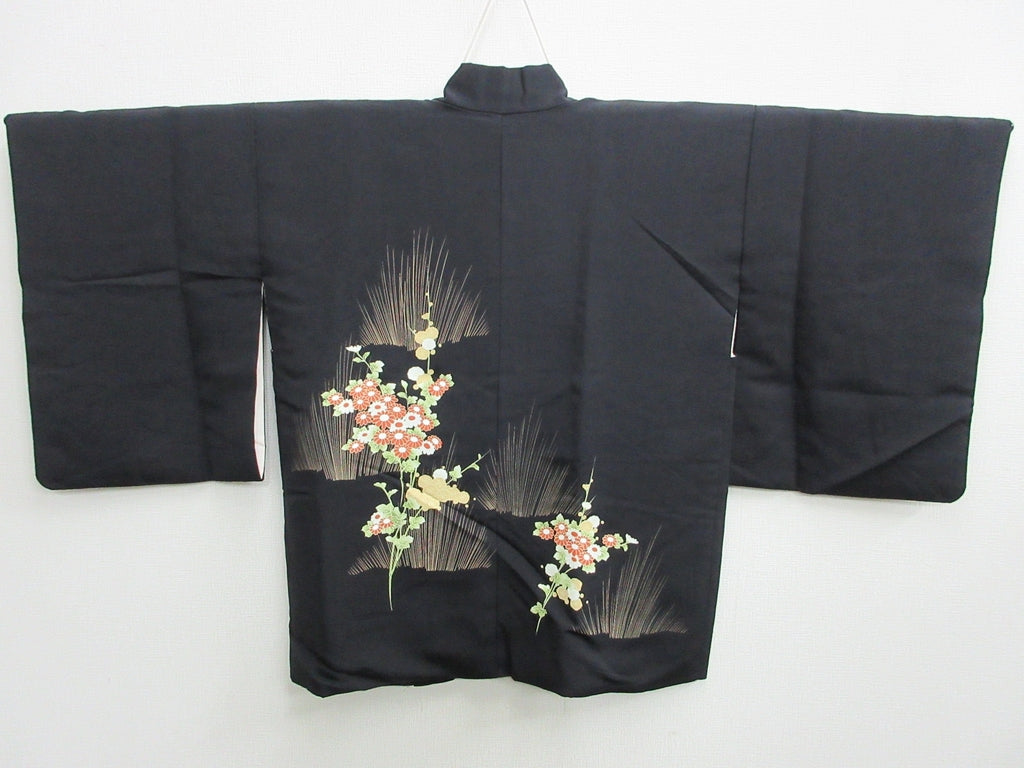 Haori Jacket Vintage(1950-1980) Black Flower Silk mix #7721K1