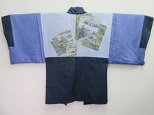Load image into Gallery viewer, Men&#39;s Haori Vintage(1950-1980) Black Dark Blue Ukiyoe Ohshima Silk #7991N1
