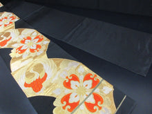 Load image into Gallery viewer, Fukuro Obi Vintage(1950-1980) Black Gold Crane Birds Silk BB108W7
